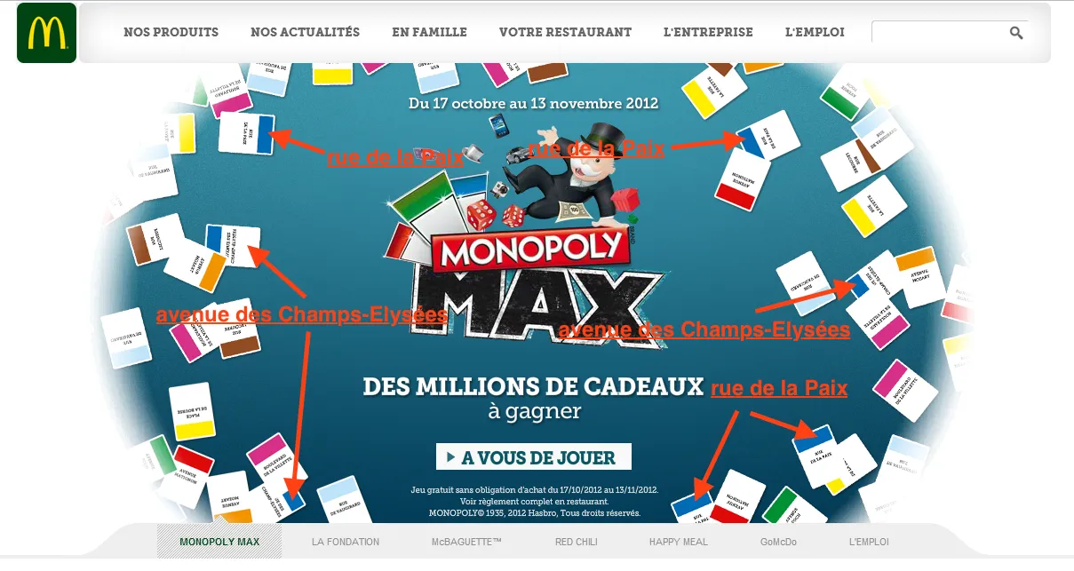 2012年麦当劳法国公司 Monopoly MAX 促销网页，显示游戏卡片的误导性分布，其中包含多枚“Rue de la Paix”与“Avenue des Champs-Élysées”游戏印花